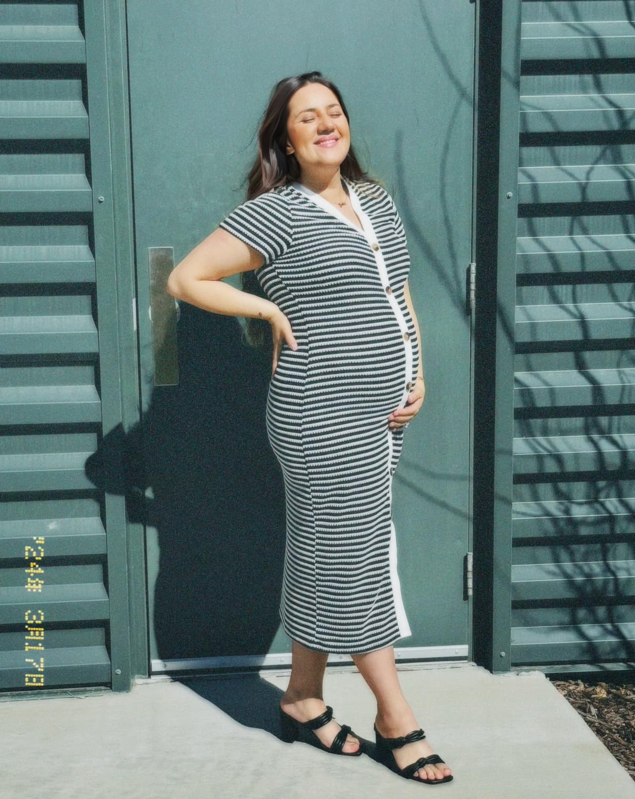 Amelie | Striped Ribbed Knit Short Sleeve V - Neck Midi Dress - mildlymama
