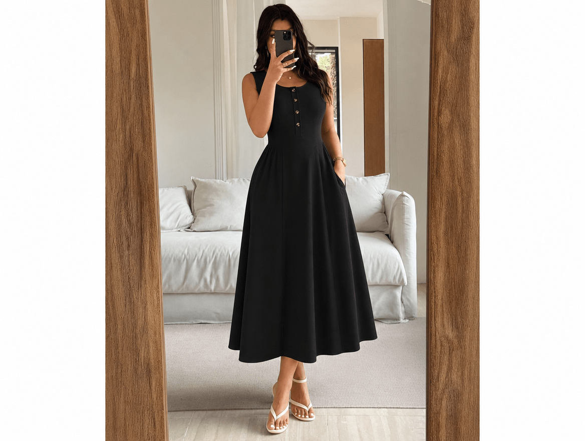 Brielle | Sleeveless Button Crewneck Ruched Waist A - Line Maxi Dress with Pockets - mildlymama