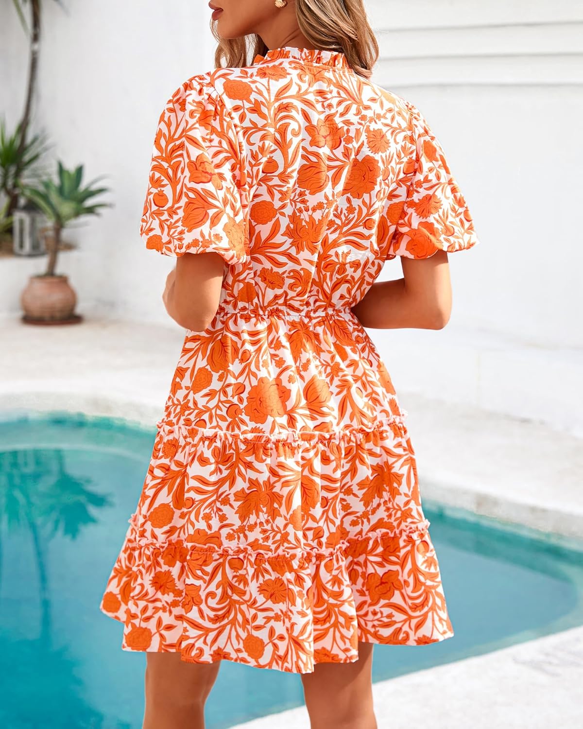 Women Summer Floral Short Dresses V Neck Short Sleeve Tiered Ruffle Boho Swing Dress A - Line Mini Dresses - mildlymama