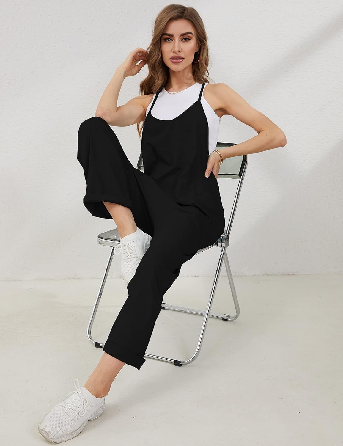 Women'S Causal Jumpsuits V Neck Sleeveless Harem Overalls Stretchy Adjustable Strap Romper with Pockets - mildlymama