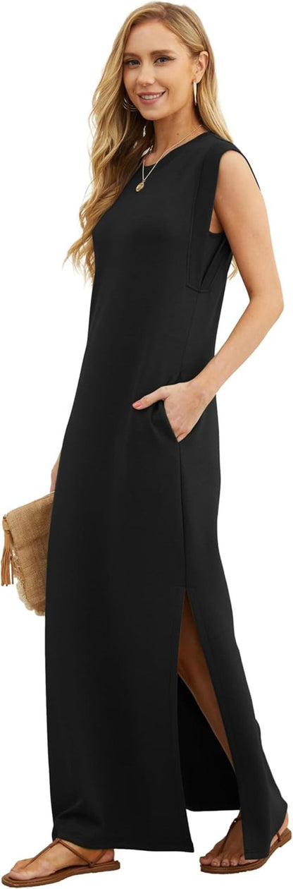 2026 Women Year - Round Casual round Neck Loose Split Wrinkle - Free Long Maxi Vacation Dress with Pockets (XXS - 4XL) - mildlymama