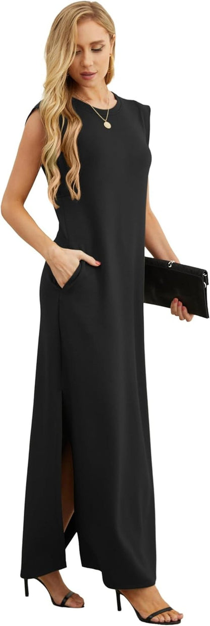 2026 Women Year - Round Casual round Neck Loose Split Wrinkle - Free Long Maxi Vacation Dress with Pockets (XXS - 4XL) - mildlymama