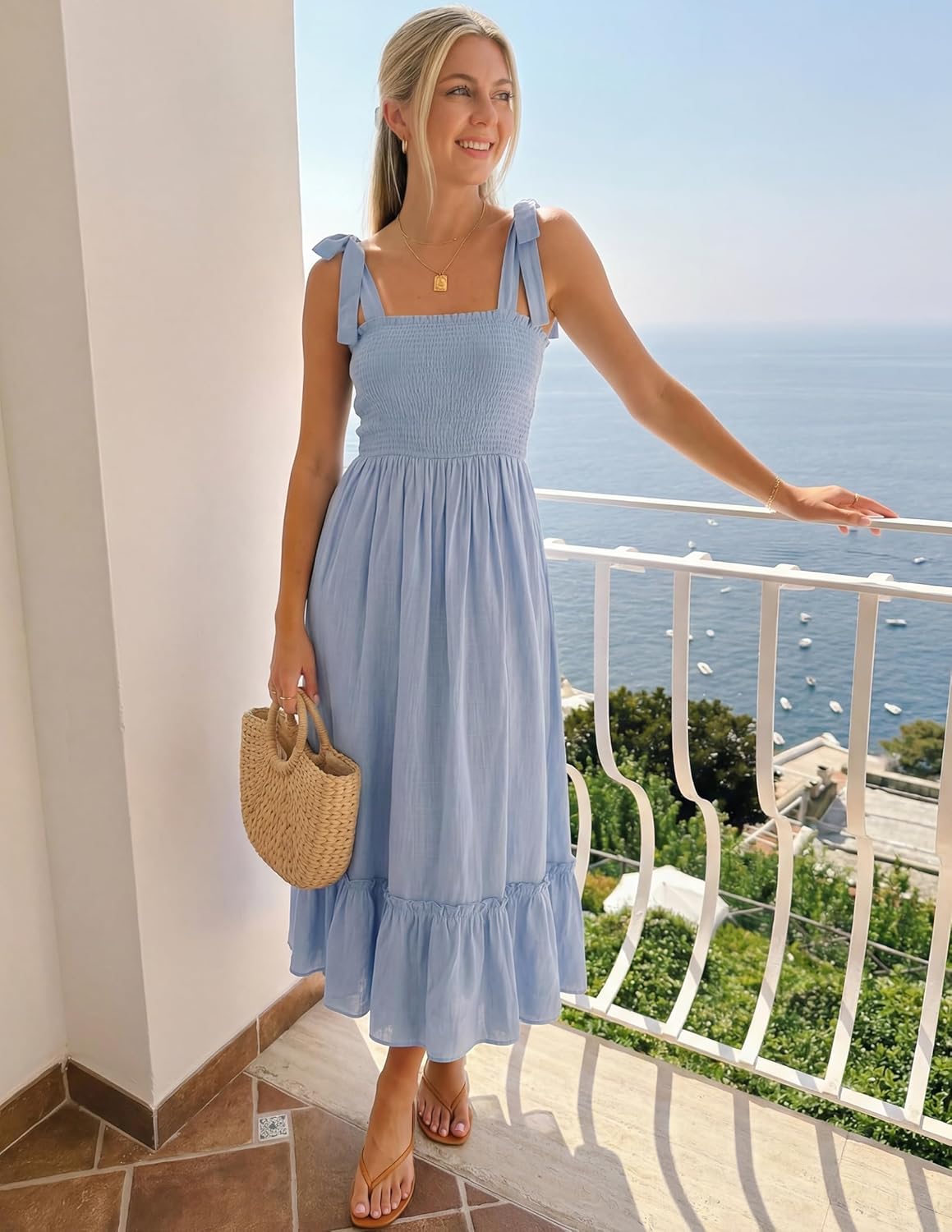 Women'S 2026 Summer Boho Spaghetti Strap Square Neck Solid Color Ruffle a Line Beach Long Maxi Dress
