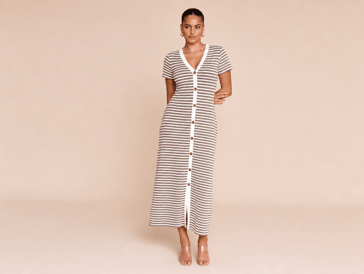Amelie | Striped Ribbed Knit Short Sleeve V - Neck Midi Dress - mildlymama