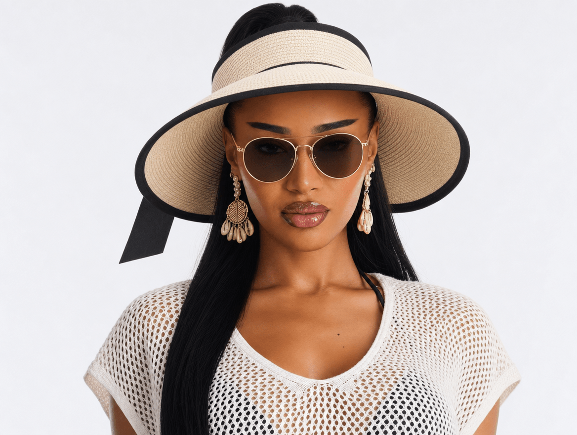 Aria | Wide Brim Roll - Up Straw Ponytail Visor Hat UPF 50+ Packable - mildlymama