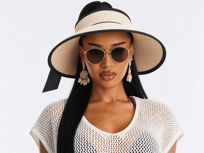 Aria | Wide Brim Roll - Up Straw Ponytail Visor Hat UPF 50+ Packable - mildlymama
