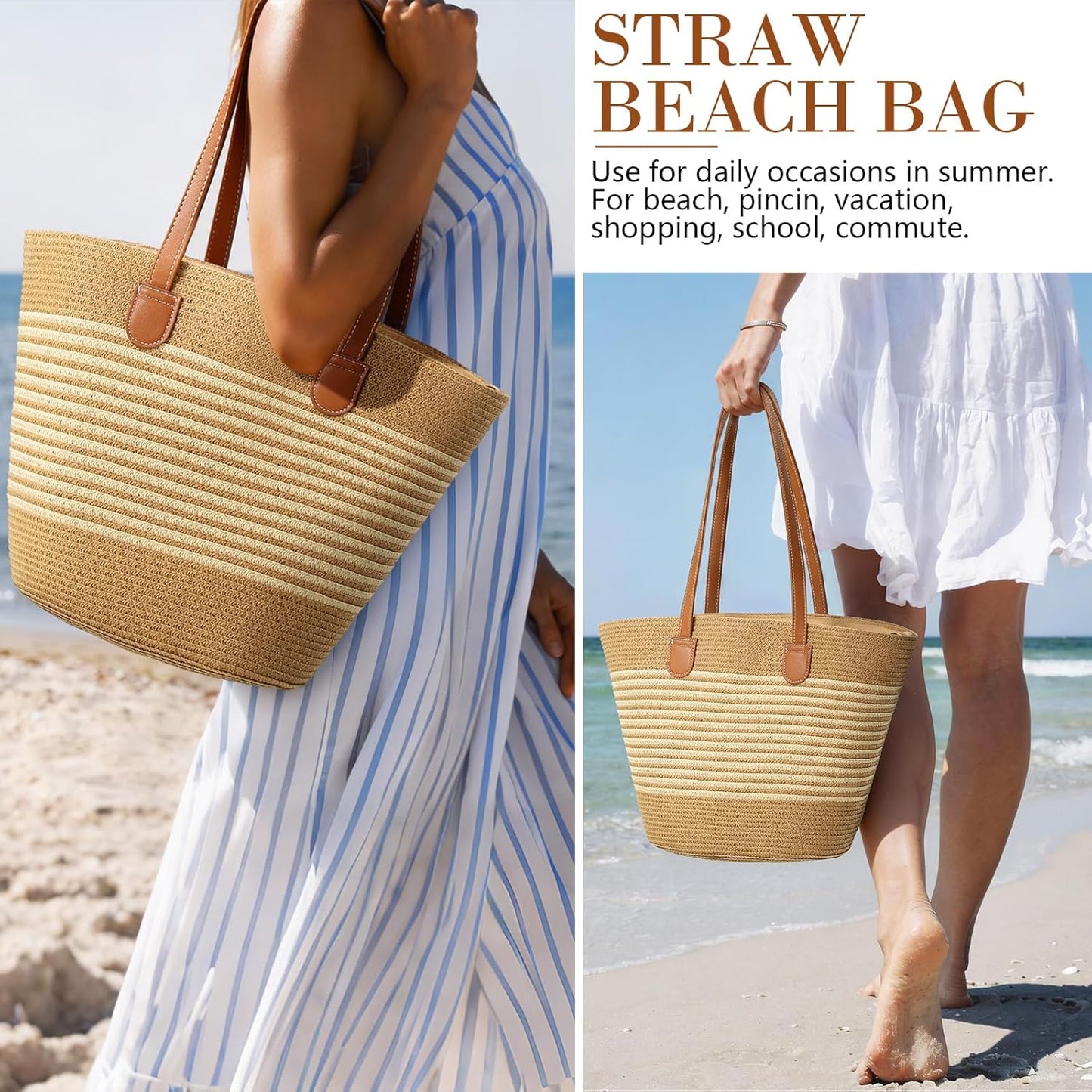 Beach Bags for Women, Summer Straw Beach Bag Straw Purse Shoulder Handbags Large Beach Tote for Summer Vacation - mildlymama