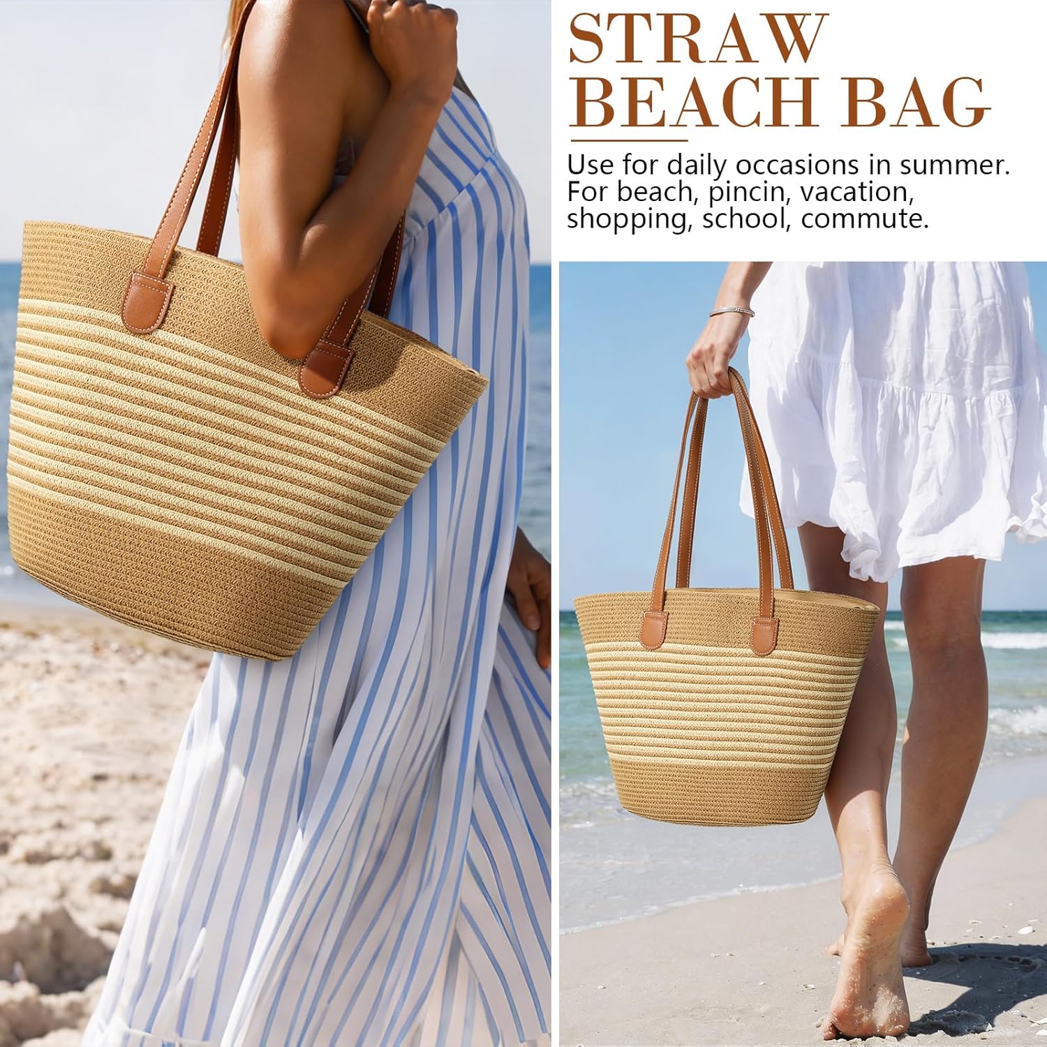Beach Bags for Women, Summer Straw Beach Bag Straw Purse Shoulder Handbags Large Beach Tote for Summer Vacation - mildlymama