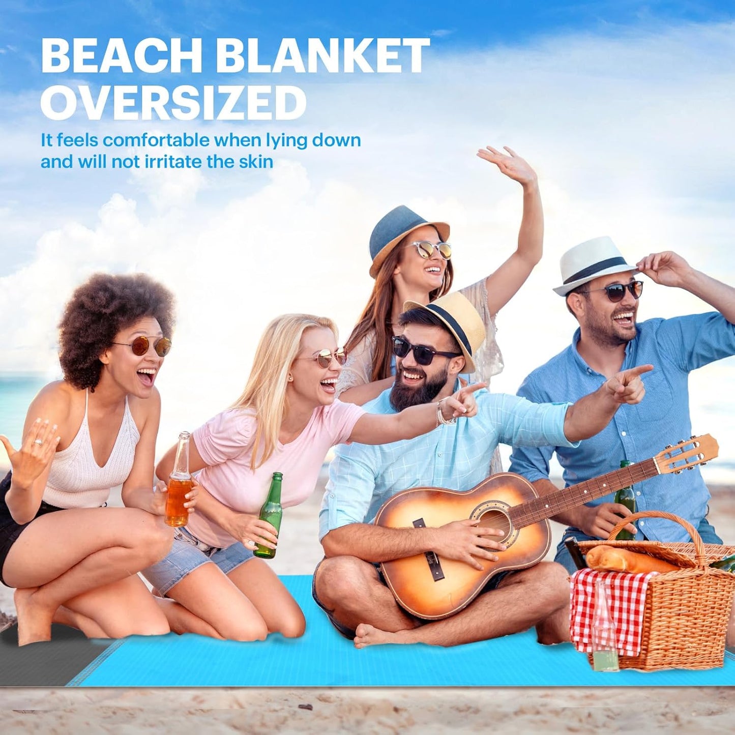 Beach Blanket Sandproof Oversized, 79''×83'' Extra Large Beach Mat, Portable Picnic Mat for Travel Camping Hiking, Lightweight Beach Essentials Family Water Resistant Mat Nylon 210T - mildlymama