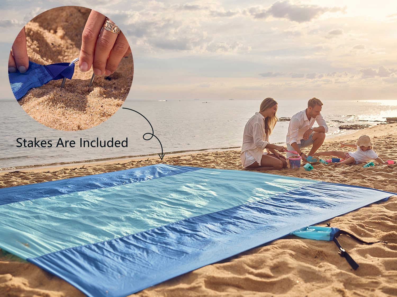 Beach Blanket Sandproof Waterproof, Extra Large Beach Mat, Oversized & Compact Sand Free, Quick Drying Beach Essentials for Vacation, Cruise, Picnic & Camping with Stakes - mildlymama