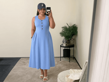 Brielle | Sleeveless Button Crewneck Ruched Waist A - Line Maxi Dress with Pockets - mildlymama
