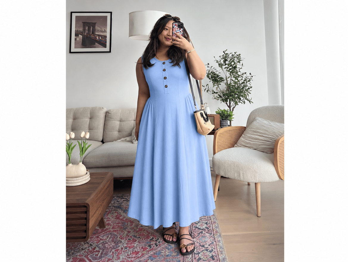 Brielle | Sleeveless Button Crewneck Ruched Waist A - Line Maxi Dress with Pockets - mildlymama