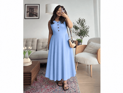 Brielle | Sleeveless Button Crewneck Ruched Waist A - Line Maxi Dress with Pockets - mildlymama