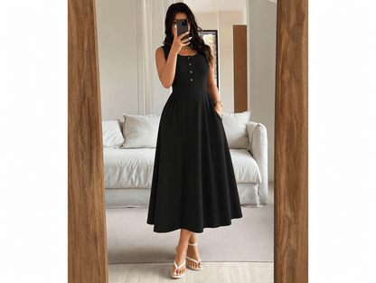 Brielle | Sleeveless Button Crewneck Ruched Waist A - Line Maxi Dress with Pockets - mildlymama