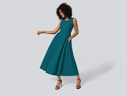 Brielle | Sleeveless Button Crewneck Ruched Waist A - Line Maxi Dress with Pockets - mildlymama
