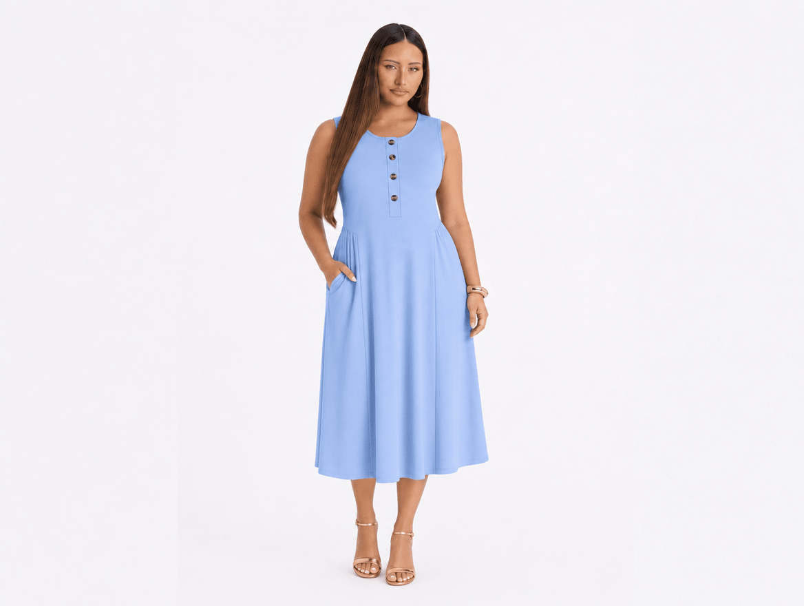 Brielle | Sleeveless Button Crewneck Ruched Waist A - Line Maxi Dress with Pockets - mildlymama