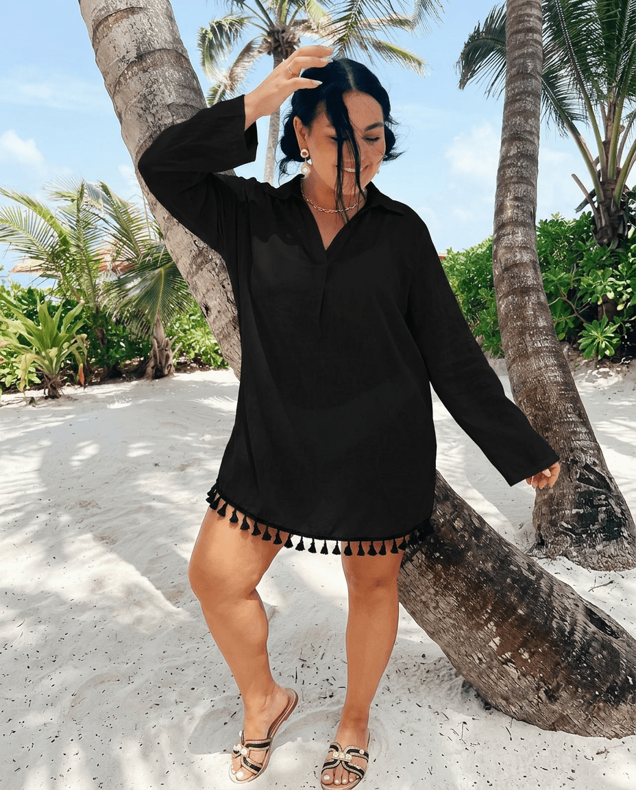 Cali | Chiffon Tassel Hem V - Neck Swimsuit Cover - Up Dress - mildlymama