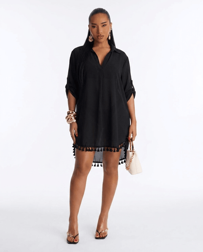 Cali | Chiffon Tassel Hem V - Neck Swimsuit Cover - Up Dress - mildlymama