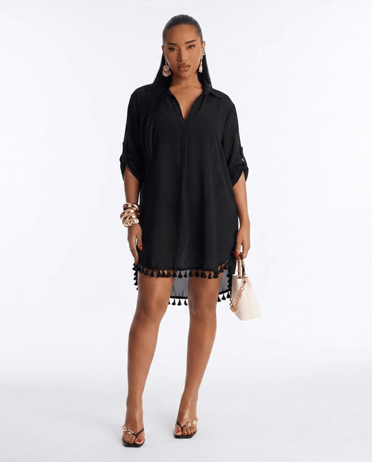 Cali | Chiffon Tassel Hem V - Neck Swimsuit Cover - Up Dress - mildlymama