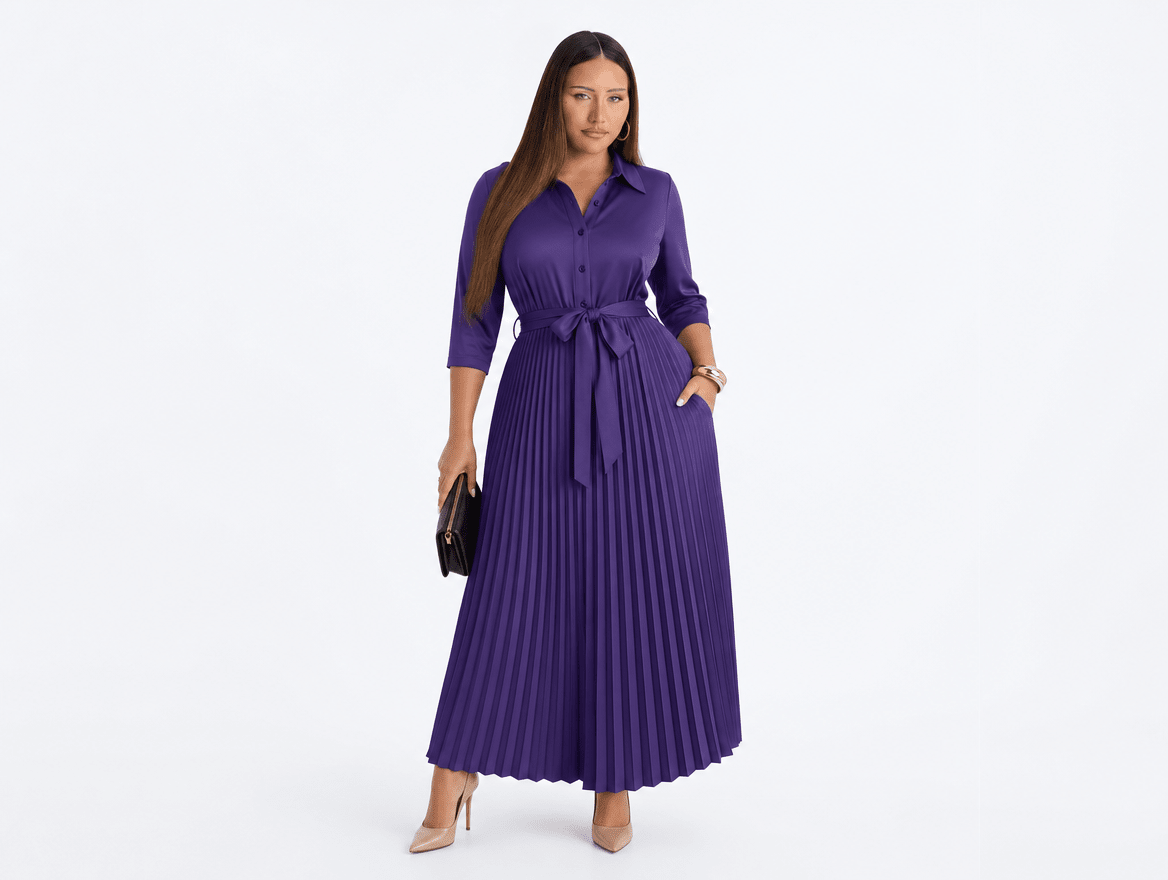 Clarisse | V - Neck 3/4 Sleeve Button - Down Pleated Maxi Dress with Belt & Pockets - mildlymama