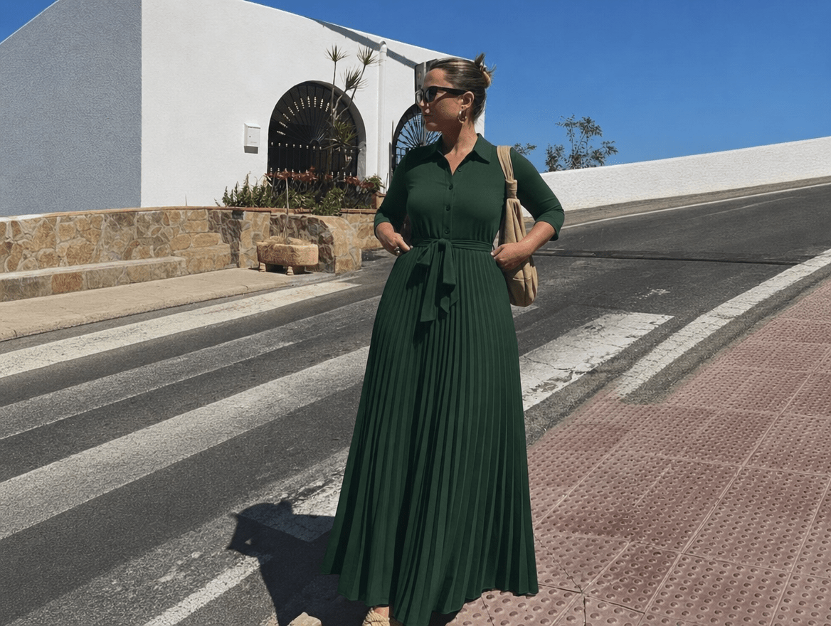 Clarisse | V - Neck 3/4 Sleeve Button - Down Pleated Maxi Dress with Belt & Pockets - mildlymama