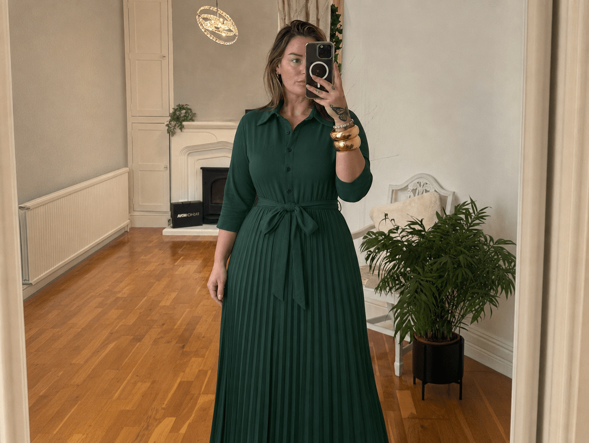 Clarisse | V - Neck 3/4 Sleeve Button - Down Pleated Maxi Dress with Belt & Pockets - mildlymama