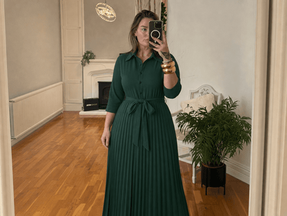 Clarisse | V - Neck 3/4 Sleeve Button - Down Pleated Maxi Dress with Belt & Pockets - mildlymama