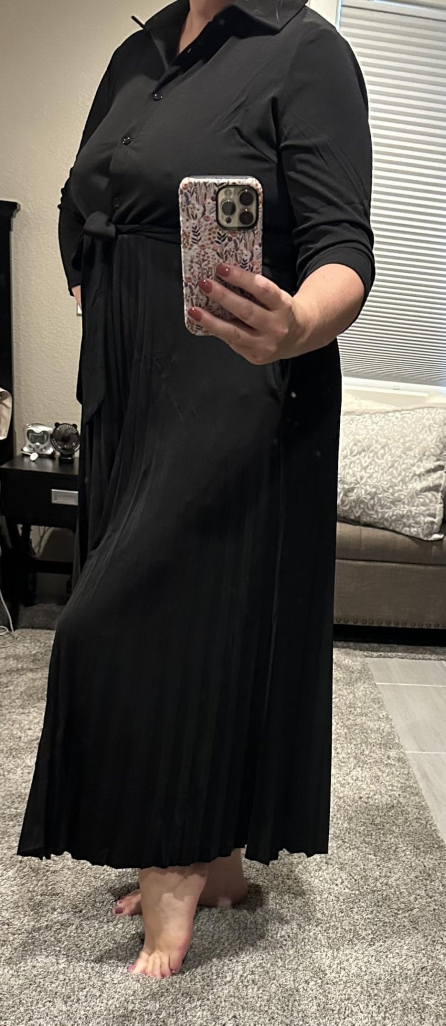 Clarisse | V - Neck 3/4 Sleeve Button - Down Pleated Maxi Dress with Belt & Pockets - mildlymama