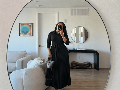 Clarisse | V - Neck 3/4 Sleeve Button - Down Pleated Maxi Dress with Belt & Pockets - mildlymama