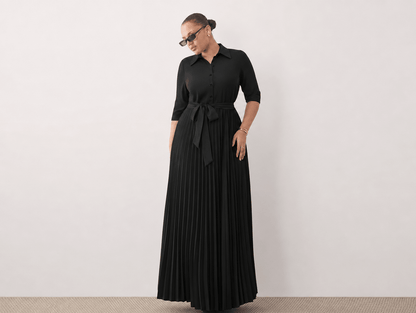 Clarisse | V - Neck 3/4 Sleeve Button - Down Pleated Maxi Dress with Belt & Pockets - mildlymama