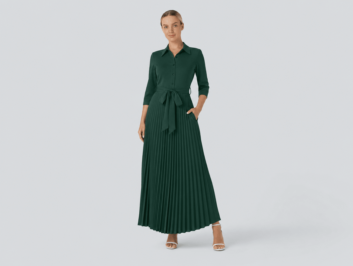 Clarisse | V - Neck 3/4 Sleeve Button - Down Pleated Maxi Dress with Belt & Pockets - mildlymama