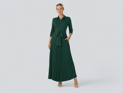 Clarisse | V - Neck 3/4 Sleeve Button - Down Pleated Maxi Dress with Belt & Pockets - mildlymama
