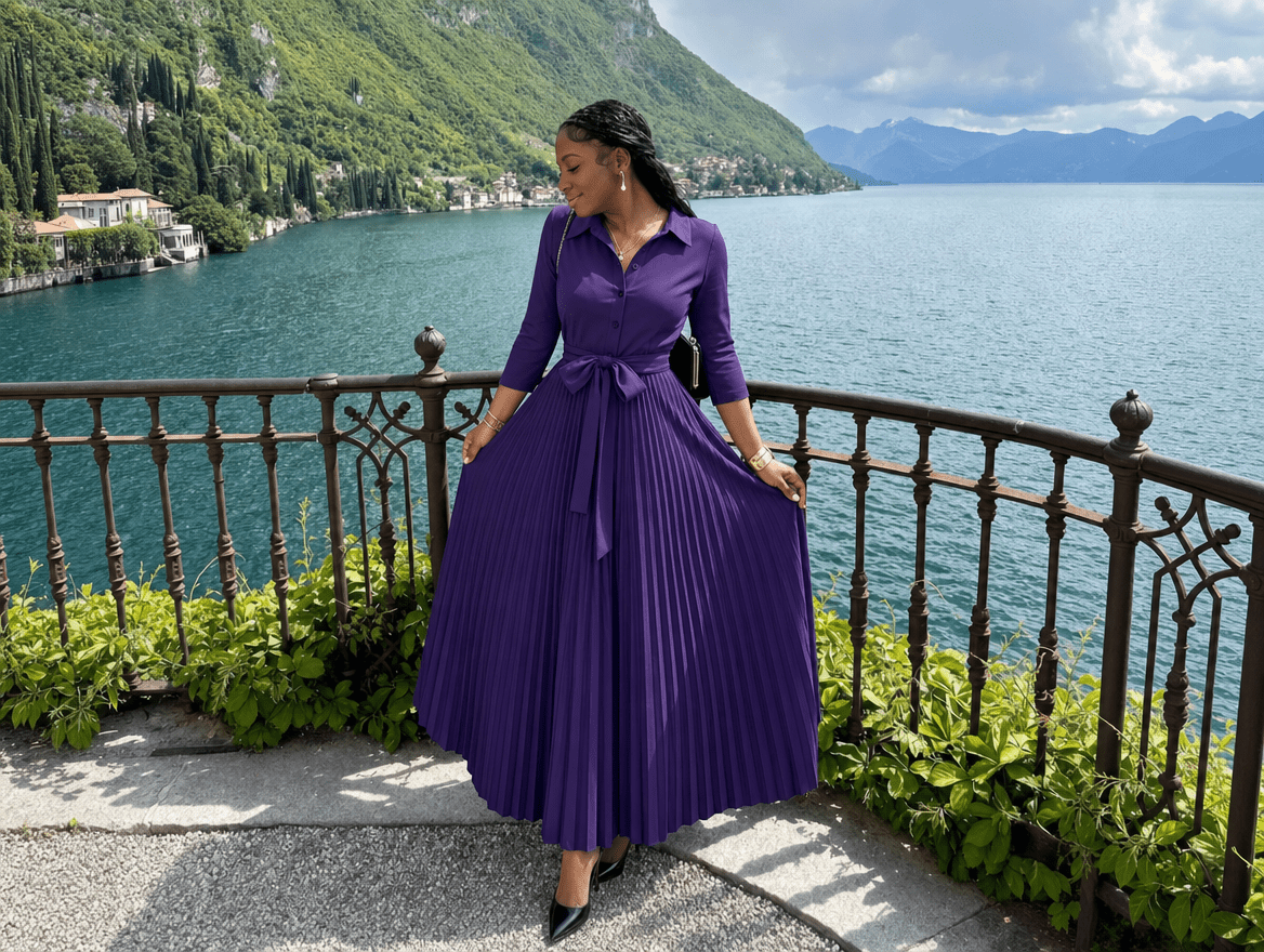 Clarisse | V - Neck 3/4 Sleeve Button - Down Pleated Maxi Dress with Belt & Pockets - mildlymama
