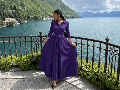 Clarisse | V - Neck 3/4 Sleeve Button - Down Pleated Maxi Dress with Belt & Pockets - mildlymama