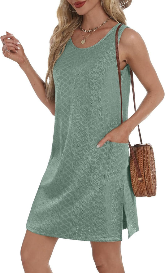Coverup Summer Dresses for Women 2026 Eyelet Casual Loose Sleeveless Sundresses Tank Dresses with Pockets - mildlymama