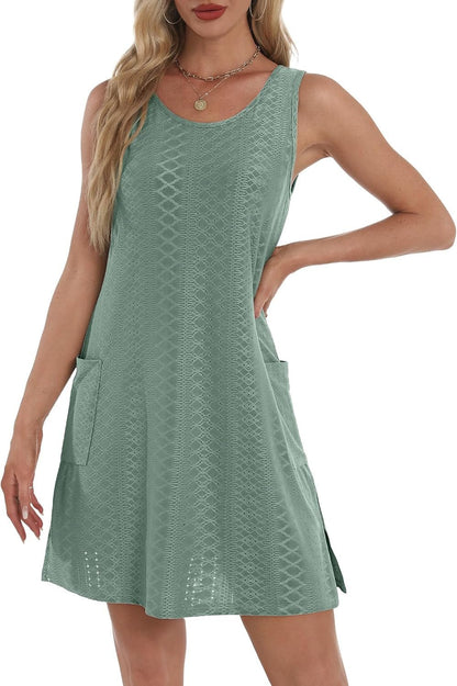 Coverup Summer Dresses for Women 2026 Eyelet Casual Loose Sleeveless Sundresses Tank Dresses with Pockets - mildlymama