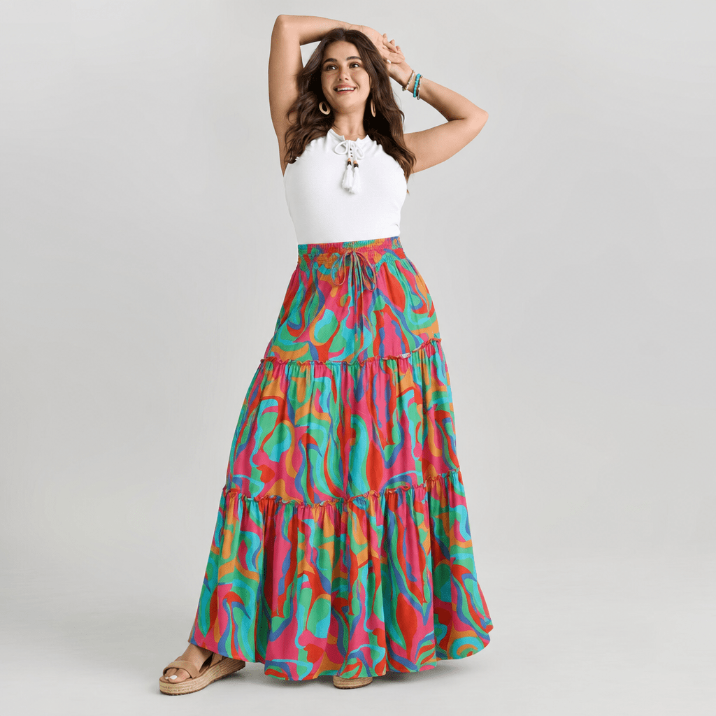 Dahlia | Smocked High Waist Floral A - Line Flowy Maxi Skirt - mildlymama
