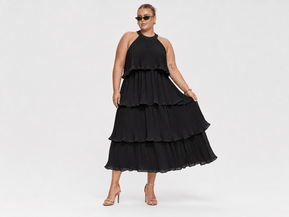 Elara | Halter Neck Tiered Chiffon Ruffle Midi Dress - mildlymama
