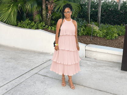 Elara | Halter Neck Tiered Chiffon Ruffle Midi Dress - mildlymama