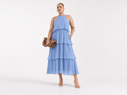 Elara | Halter Neck Tiered Chiffon Ruffle Midi Dress - mildlymama