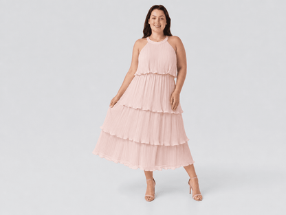 Elara | Halter Neck Tiered Chiffon Ruffle Midi Dress - mildlymama