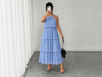 Elara | Halter Neck Tiered Chiffon Ruffle Midi Dress - mildlymama