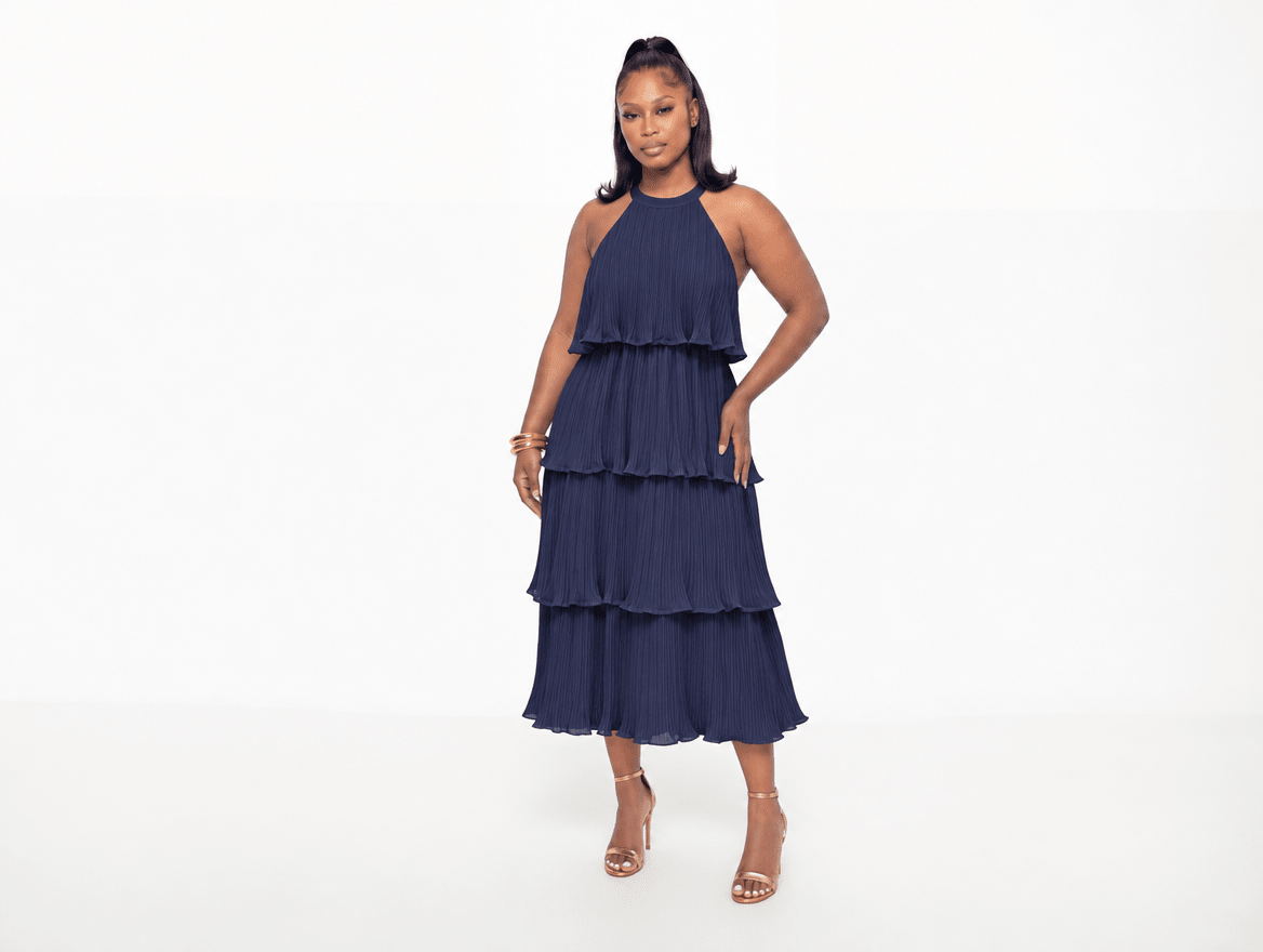 Elara | Halter Neck Tiered Chiffon Ruffle Midi Dress - mildlymama