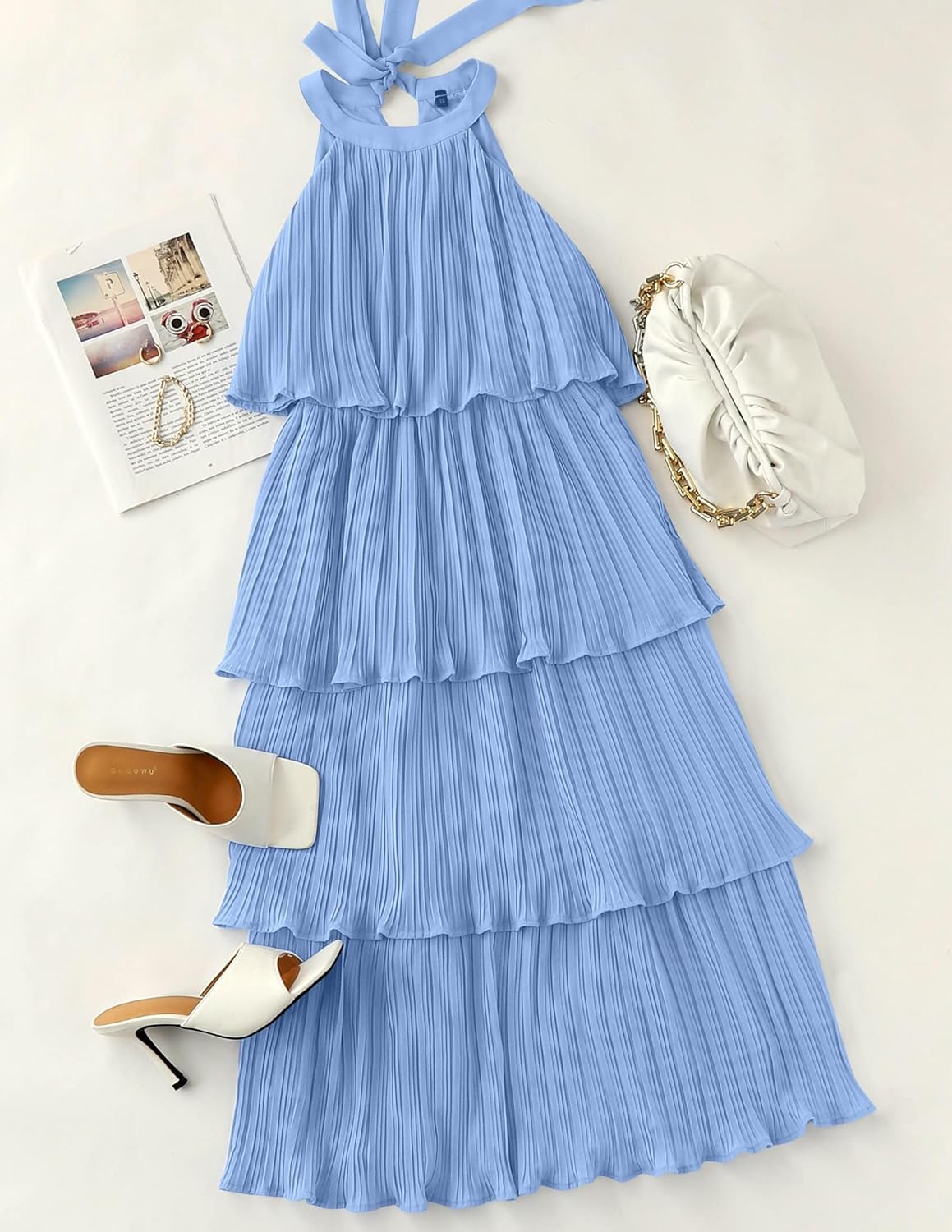 Elara | Halter Neck Tiered Chiffon Ruffle Midi Dress - mildlymama