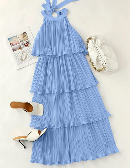 Elara | Halter Neck Tiered Chiffon Ruffle Midi Dress - mildlymama