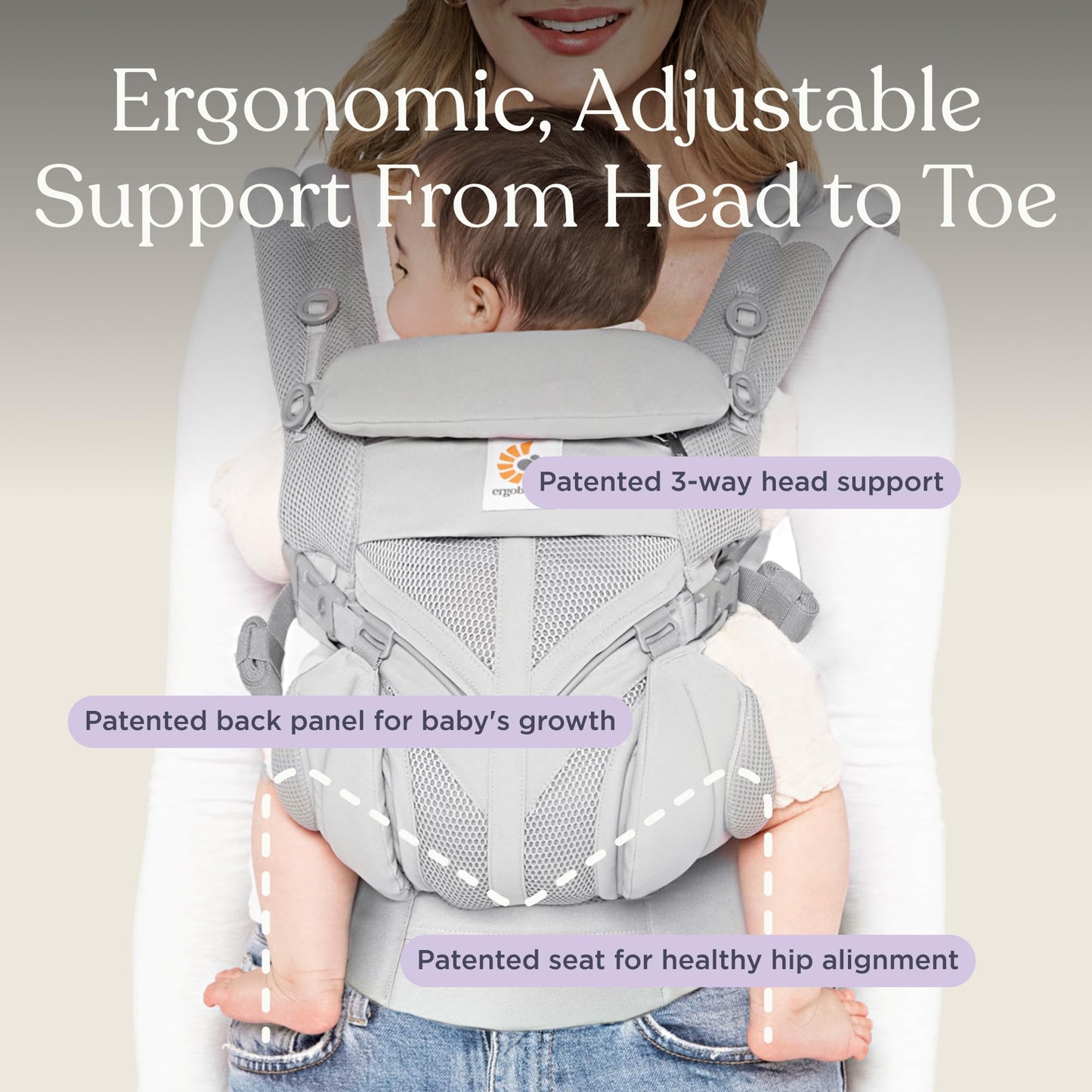 Ergobaby Omni Classic Baby Carrier Newborn to Toddler - Breathable Baby Carriers for Summer - All - Position Carrier with Lumbar Support (7 - 45 Pounds), Mesh, Pearl Grey - mildlymama