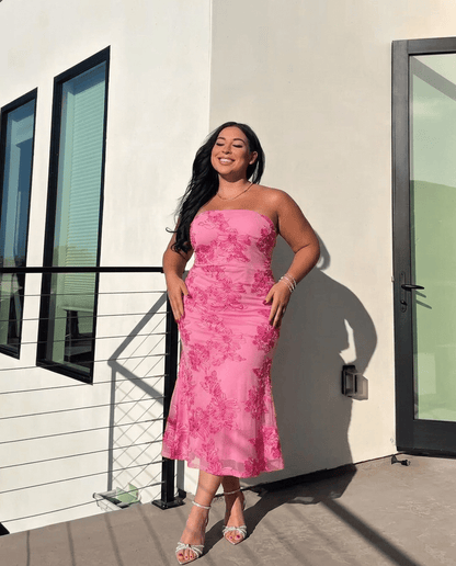 Florette | Strapless Floral Mesh Bodycon Tube Maxi Dress with Side Slit - mildlymama