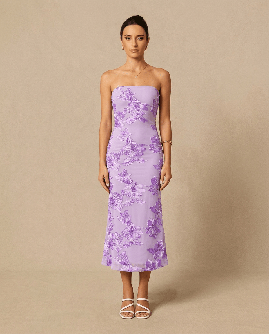 Florette | Strapless Floral Mesh Bodycon Tube Maxi Dress with Side Slit - mildlymama