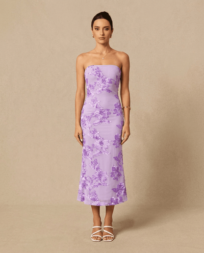 Florette | Strapless Floral Mesh Bodycon Tube Maxi Dress with Side Slit - mildlymama