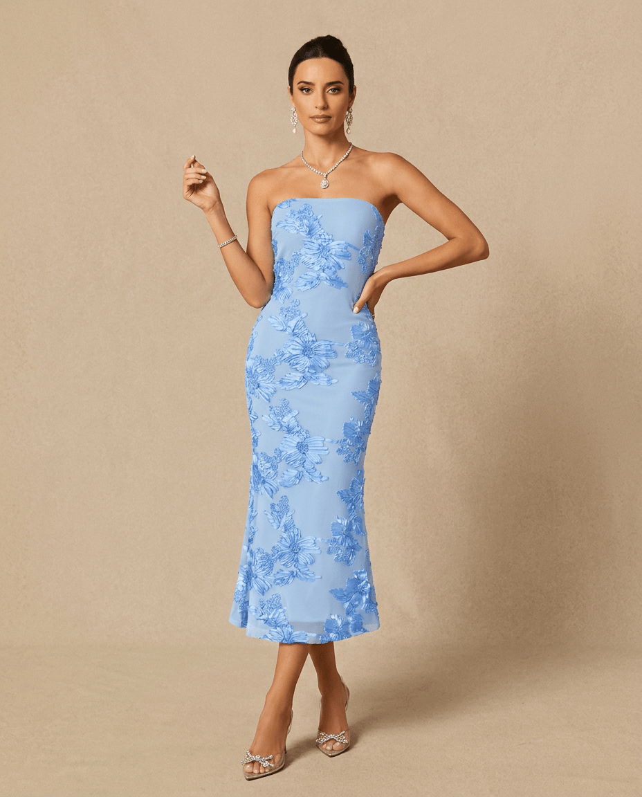Florette | Strapless Floral Mesh Bodycon Tube Maxi Dress with Side Slit - mildlymama